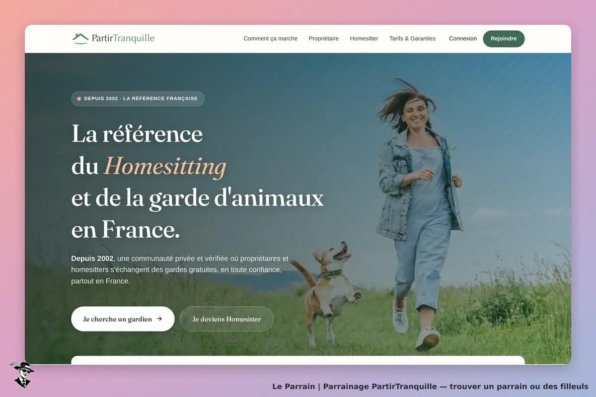 PartirTranquille : page d'accueil avec une femme courant avec un chien dans un paysage verdoyant