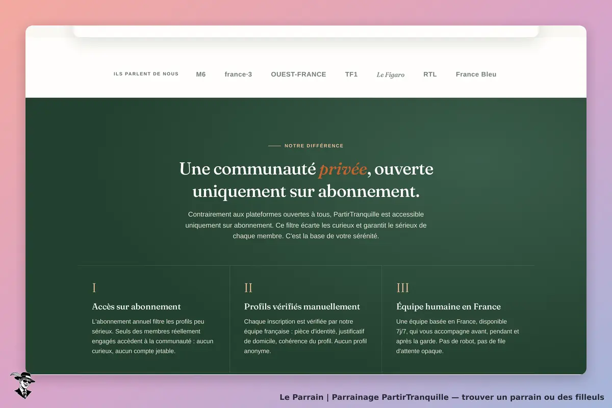 PartirTranquille : page d'accueil présentant une communauté privée accessible sur abonnement