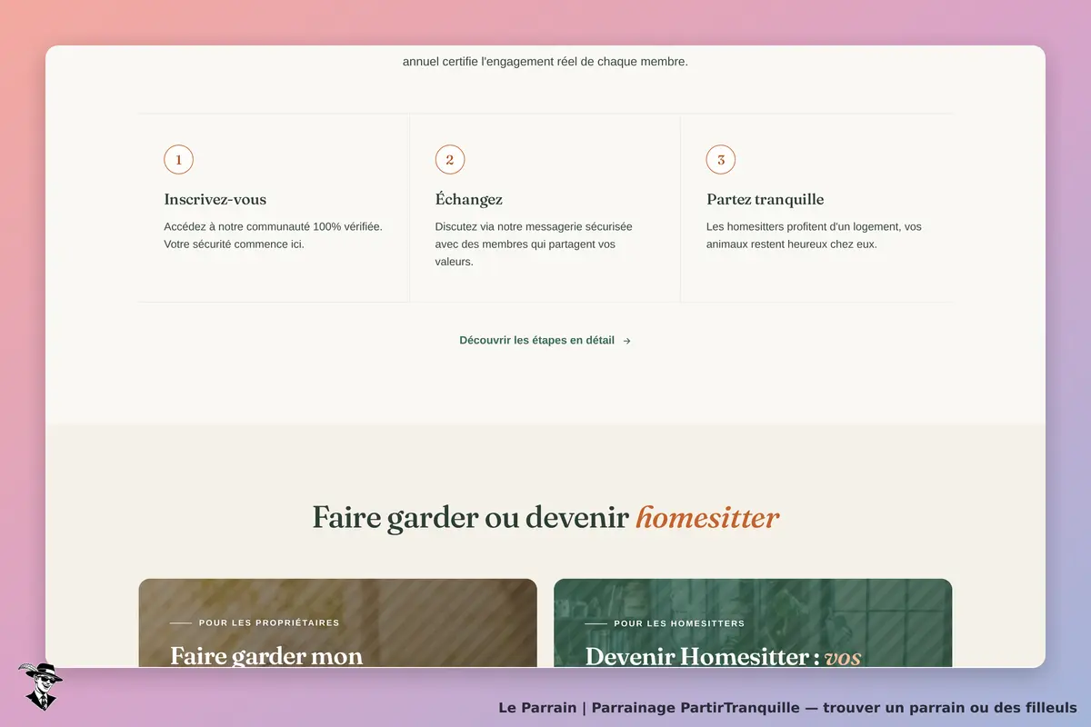 PartirTranquille : page d'accueil avec étapes d'inscription et options pour homesitters