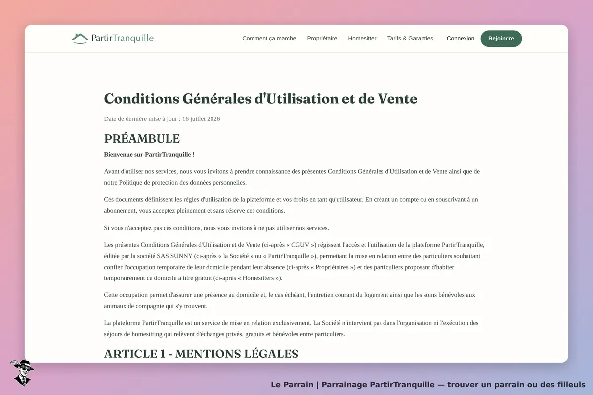 PartirTranquille : page des Conditions Générales d'Utilisation et de Vente avec texte explicatif