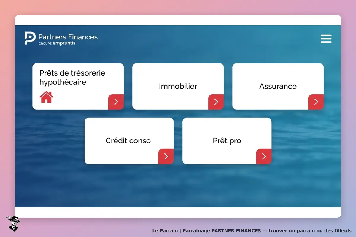 Partner Finances : page d'accueil avec options de prêts et services financiers affichés