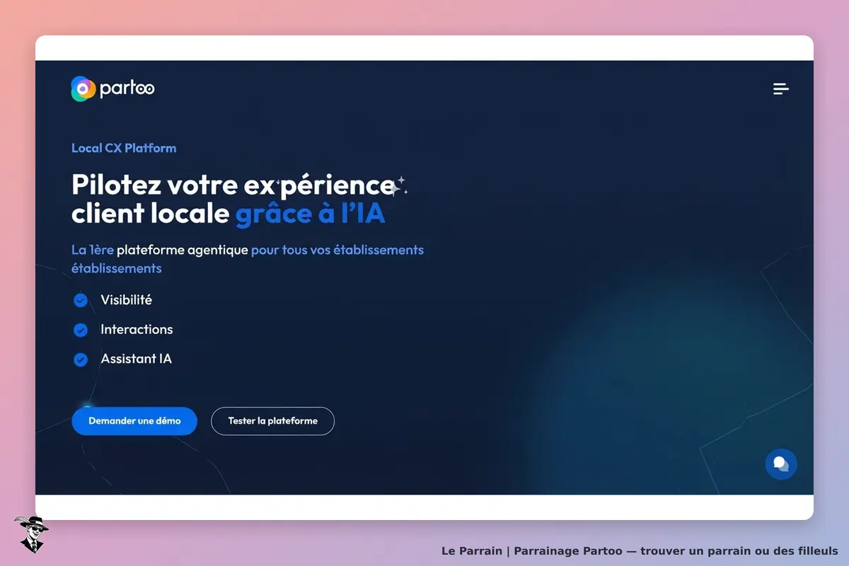 Partoo : page d'accueil présentant la plateforme avec options et boutons de démo et test