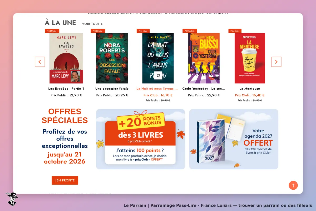 Pass-Lire - France Loisirs : pass-Lire : page d'accueil affichant des livres et des offres