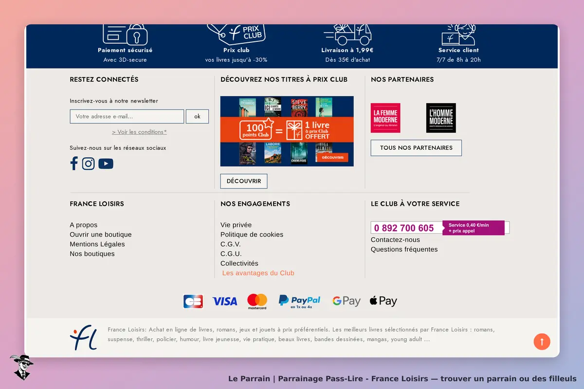 Pass-Lire - France Loisirs : page d'accueil avec options de connexion et informations sur le club