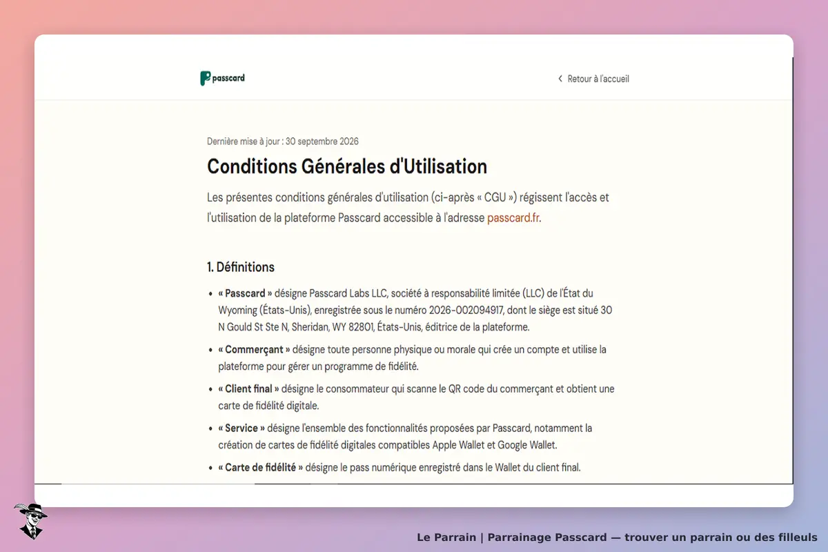 Passcard : conditions générales d'utilisation affichées sur la plateforme Passcard