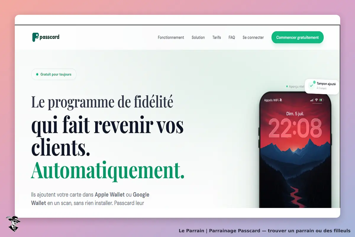 Passcard : page d'accueil présentant un programme de fidélité et un aperçu d'un smartphone