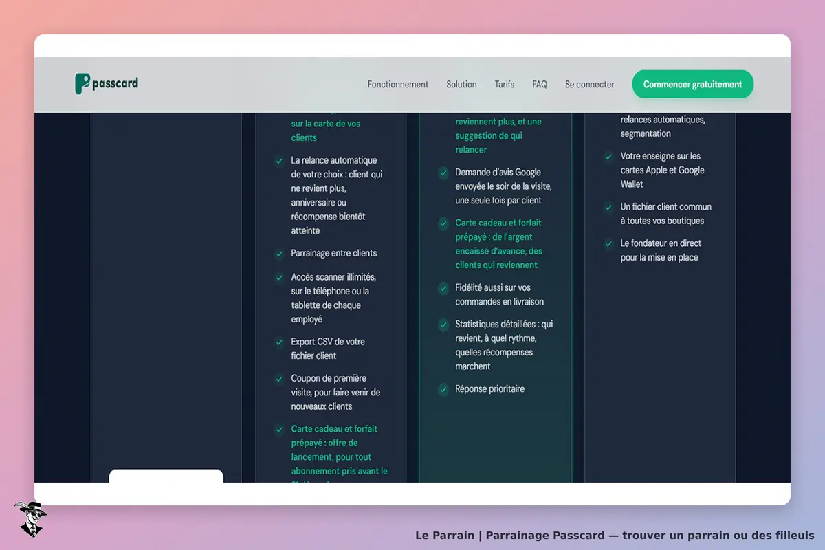 Passcard : présentation des fonctionnalités et options de parrainage sur la page d'accueil
