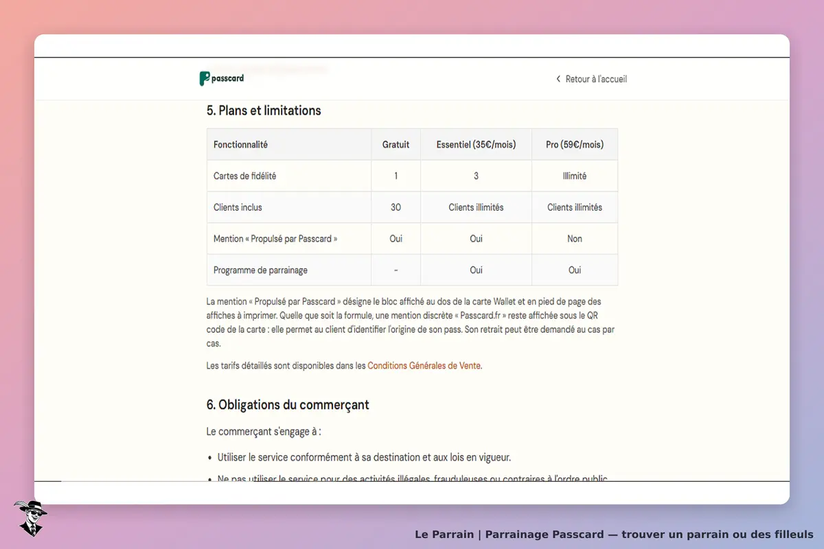 Passcard : tableau comparatif des plans et limitations avec fonctionnalités et clients inclus