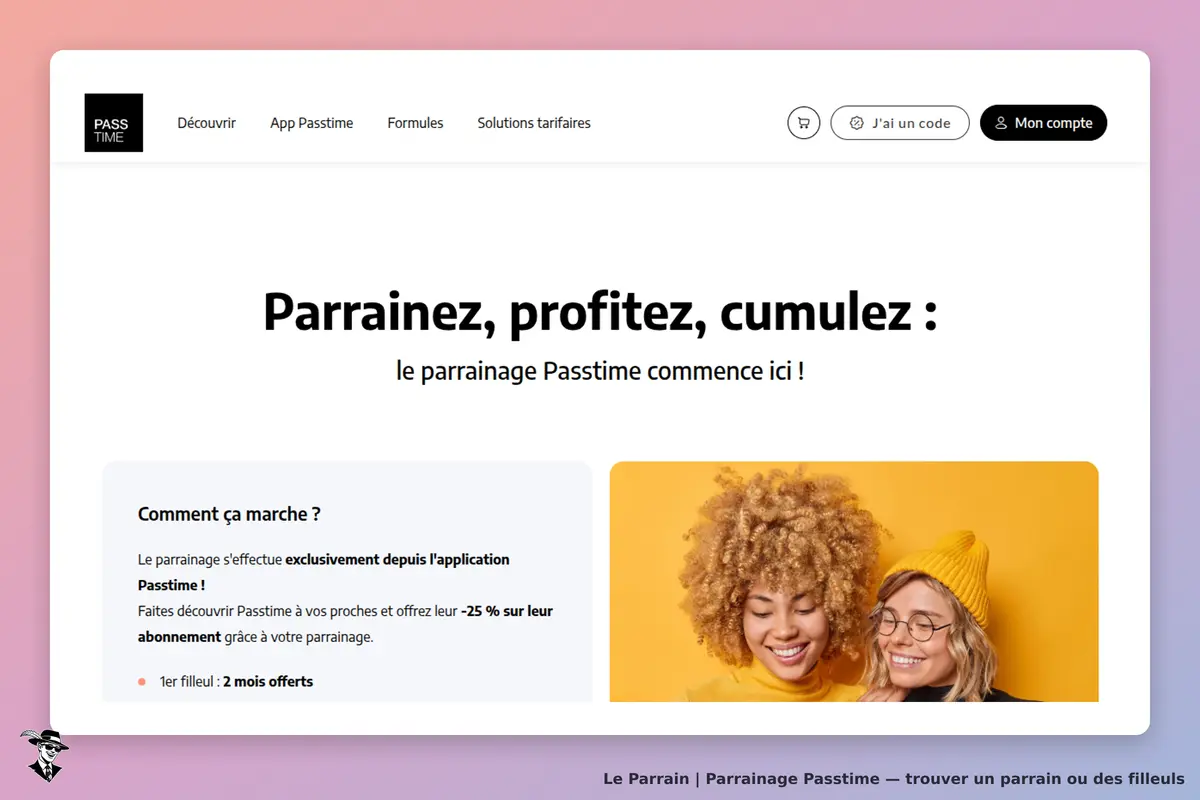 Passtime : page d'accueil avec un slogan sur le parrainage et des images de deux femmes souriantes