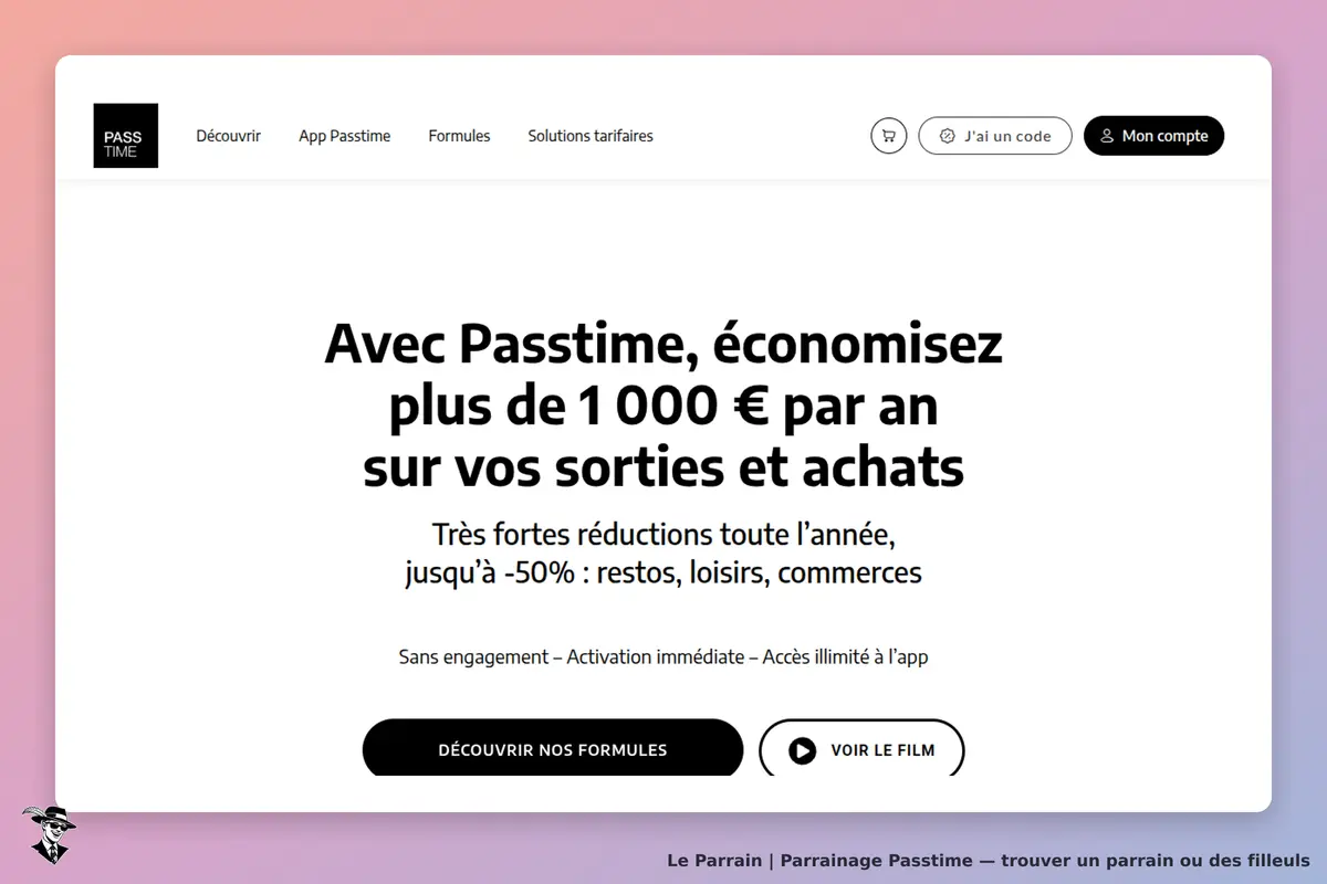 Passtime : page d'accueil présentant des économies sur sorties et achats avec des réductions