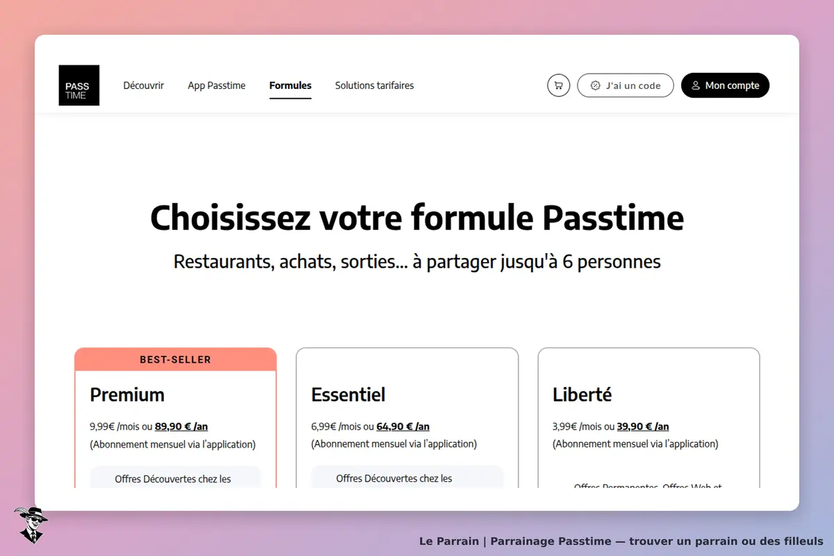 Passtime : page de choix des formules avec trois options et description des avantages