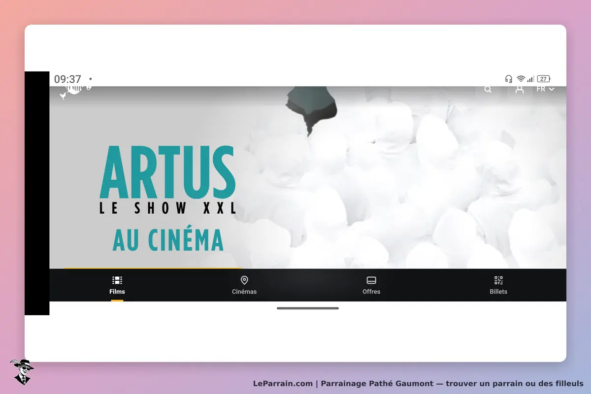 Pathé Gaumont : affiche d'Artus, Le Show XXL, avec options de navigation en bas de l'écran