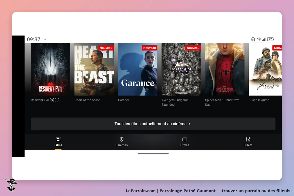 Pathé Gaumont : page d'accueil avec affichage de films actuels et navigation en bas