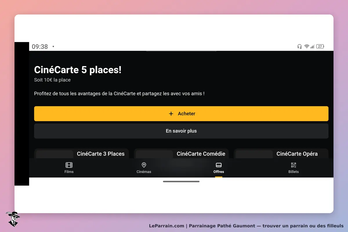 Pathé Gaumont : page d'accueil présentant la CinéCarte 5 places et options d'achat