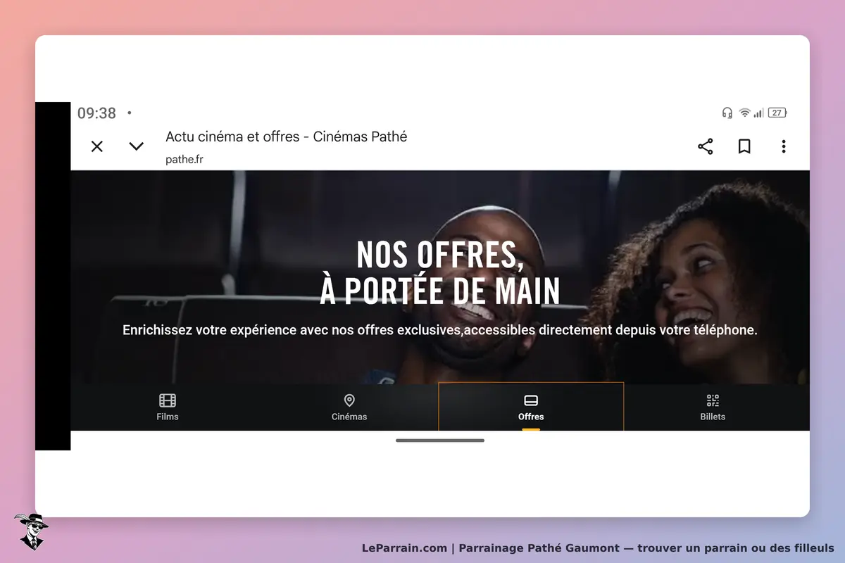 Pathé Gaumont : pathé : page d'accueil avec le slogan sur les offres et des images de personnes