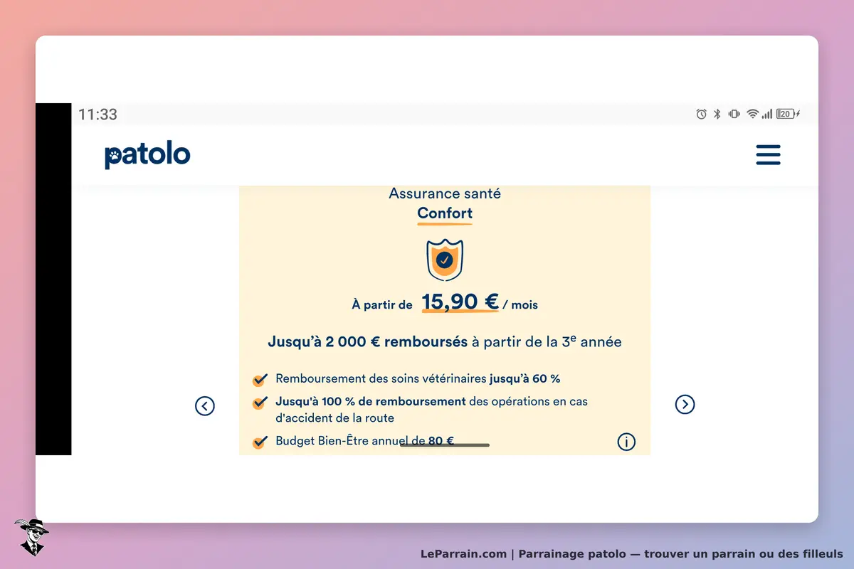 patolo : page d'accueil présentant l'assurance santé Confort avec diverses informations