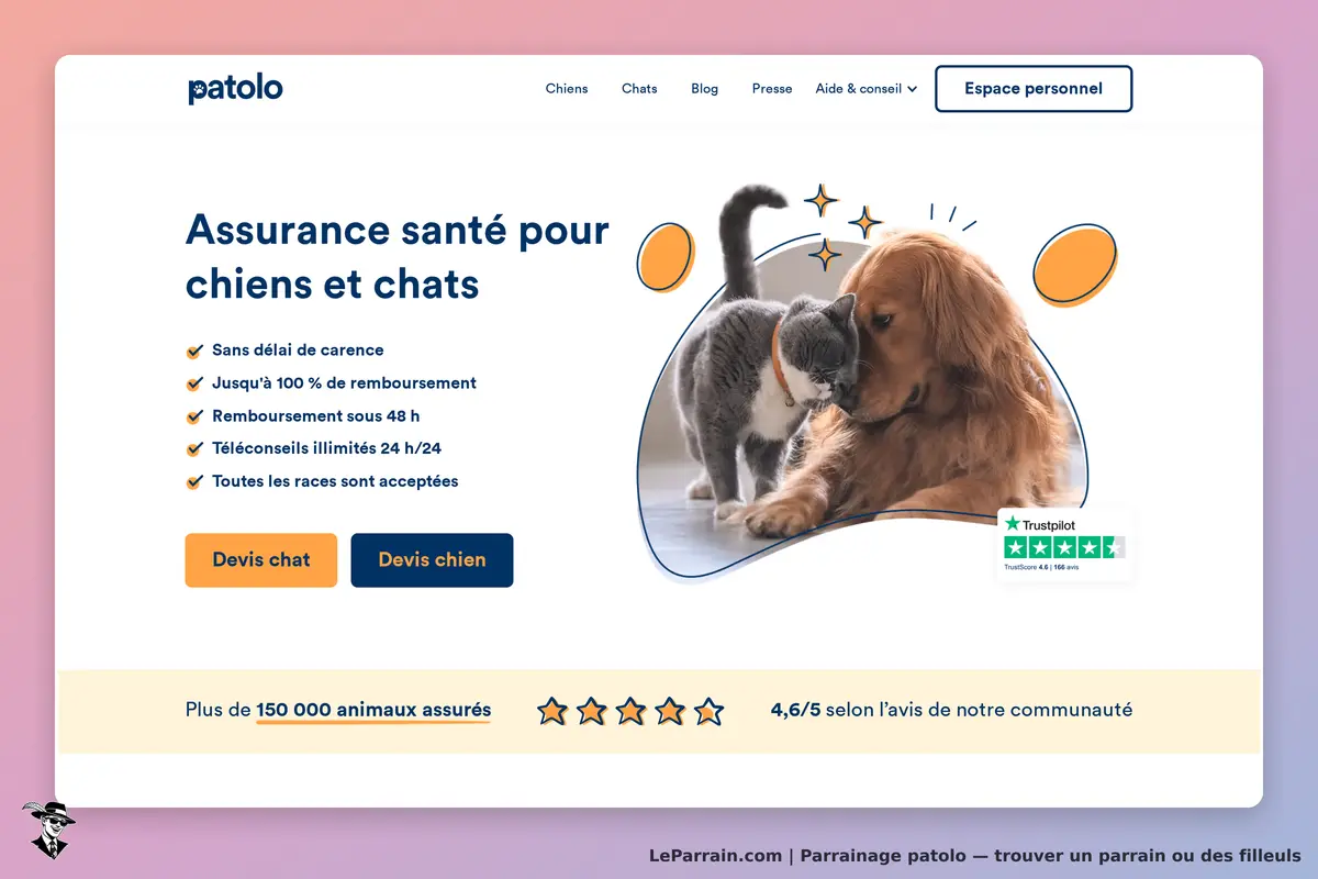 patolo : page d'accueil avec un chien et un chat, informations sur l'assurance santé animale