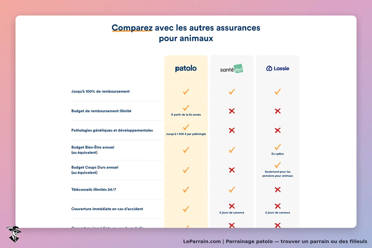 patolo : tableau comparatif des assurances pour animaux avec options et critères affichés