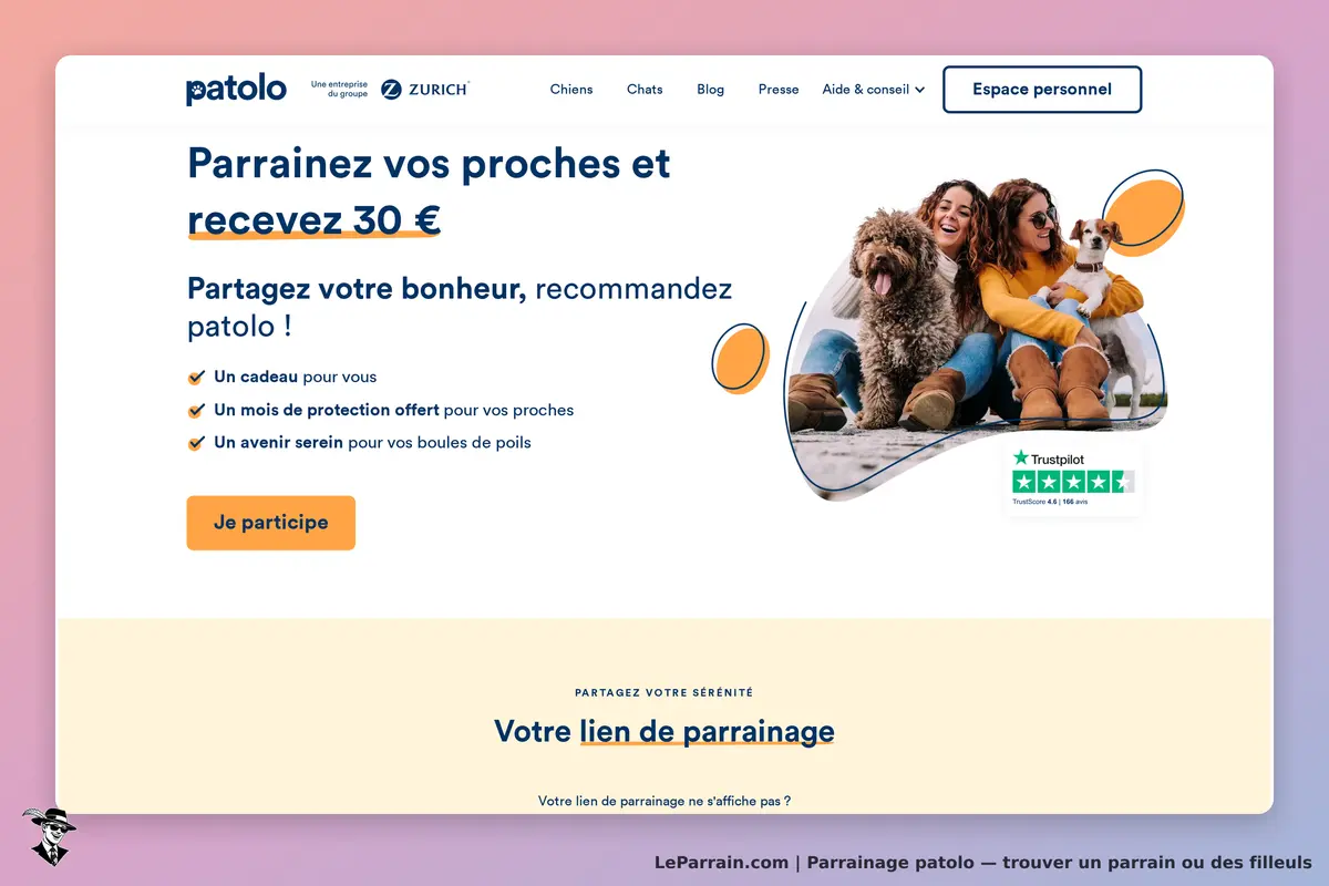 patolo : page d'accueil avec une invitation à parrainer et des images de chiens et personnes