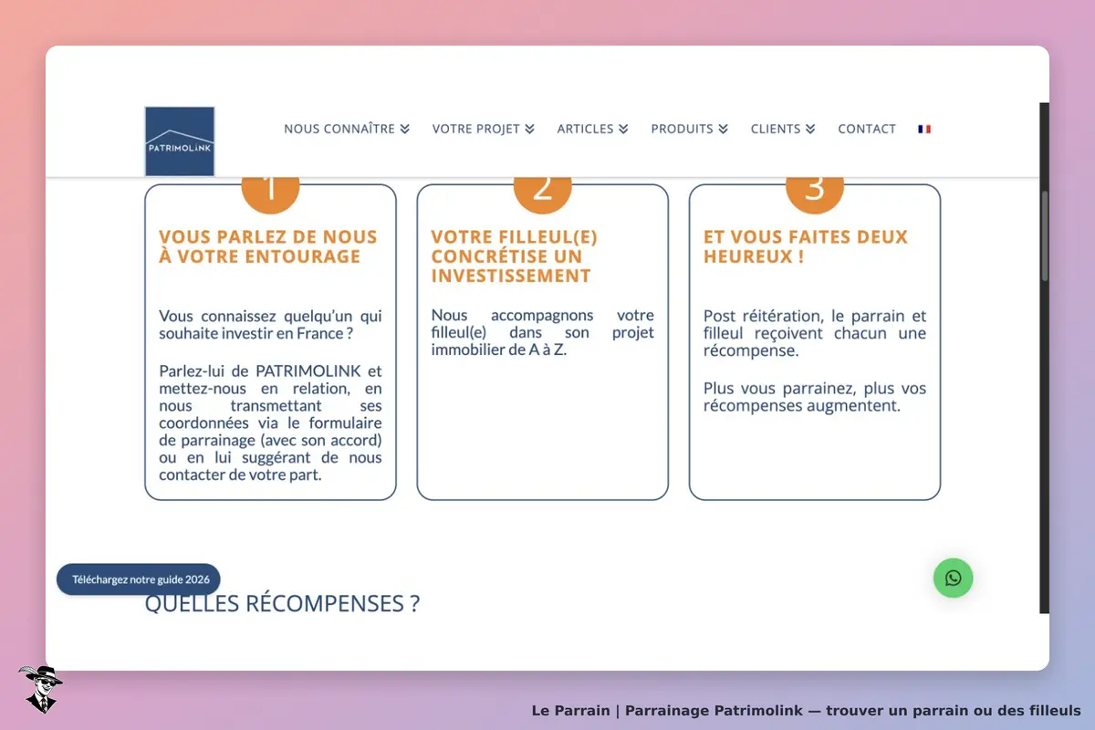 Page officielle Patrimolink décrivant les trois étapes : recommandation avec accord du proche, investissement immobilier puis récompenses après réitération.