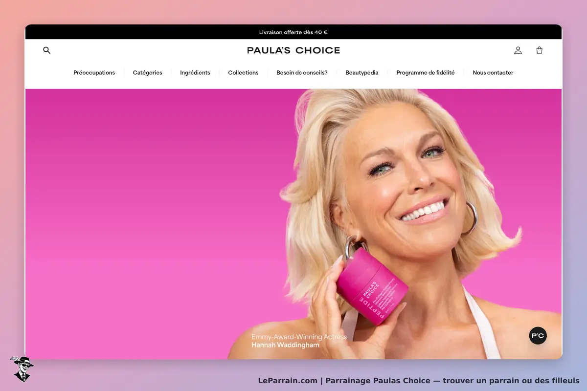 Paulas Choice : pAULA'S CHOICE : femme souriante tenant un pot de crème sur fond rose, avec menu en