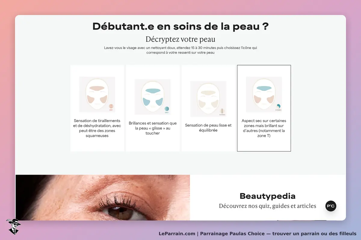 Paulas Choice : section d'accueil sur les types de peau avec illustrations et descriptions