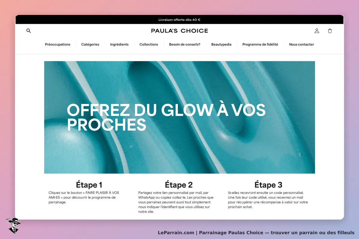 Paulas Choice : paula's Choice : page d'accueil avec texte sur le parrainage et étapes à suivre