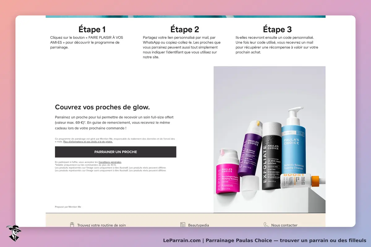 Paulas Choice : paula's Choice : étapes du programme de parrainage avec produits de soin affichés à