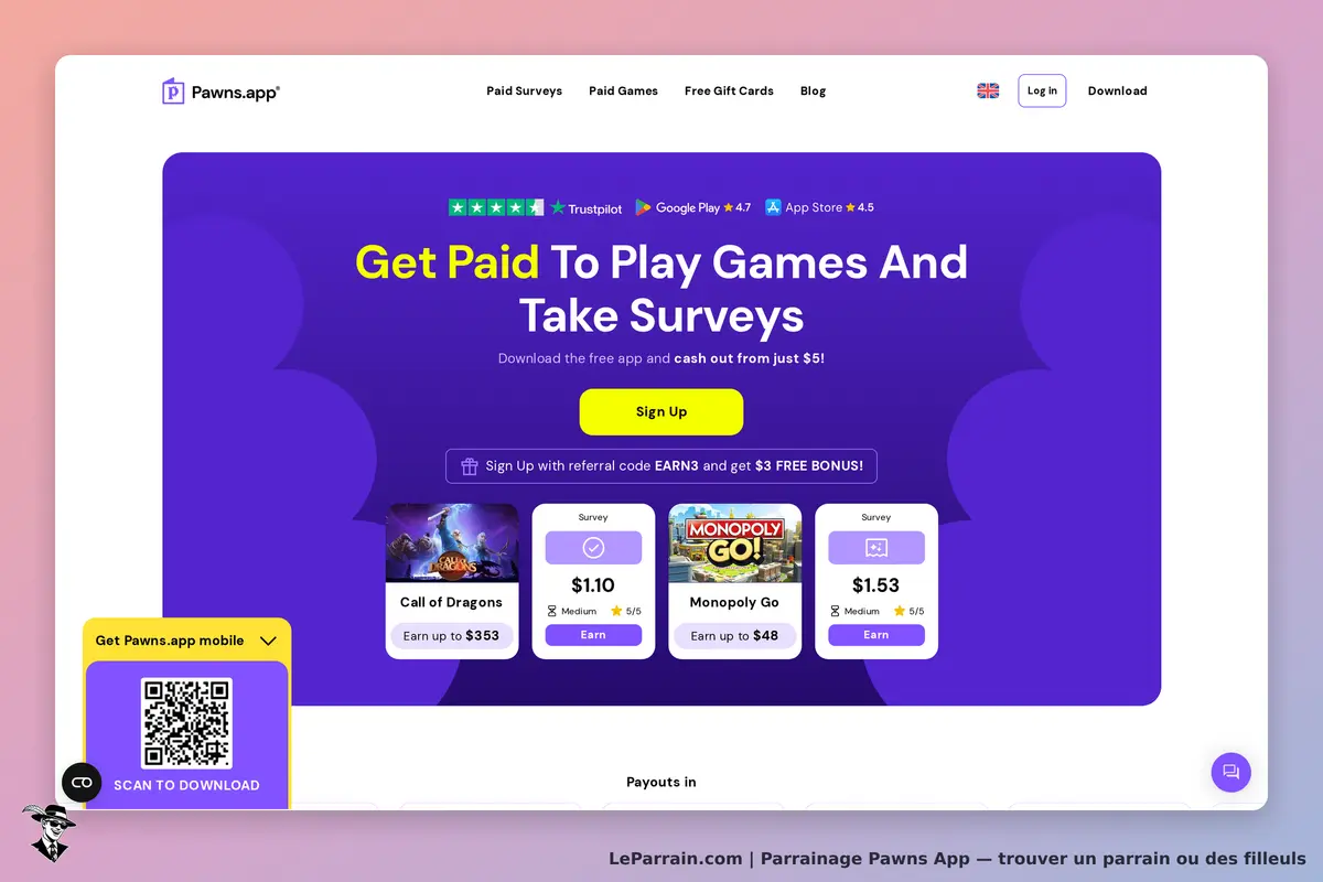 Pawns App : pawns.app : page d'accueil avec jeux, enquêtes et options de téléchargement de