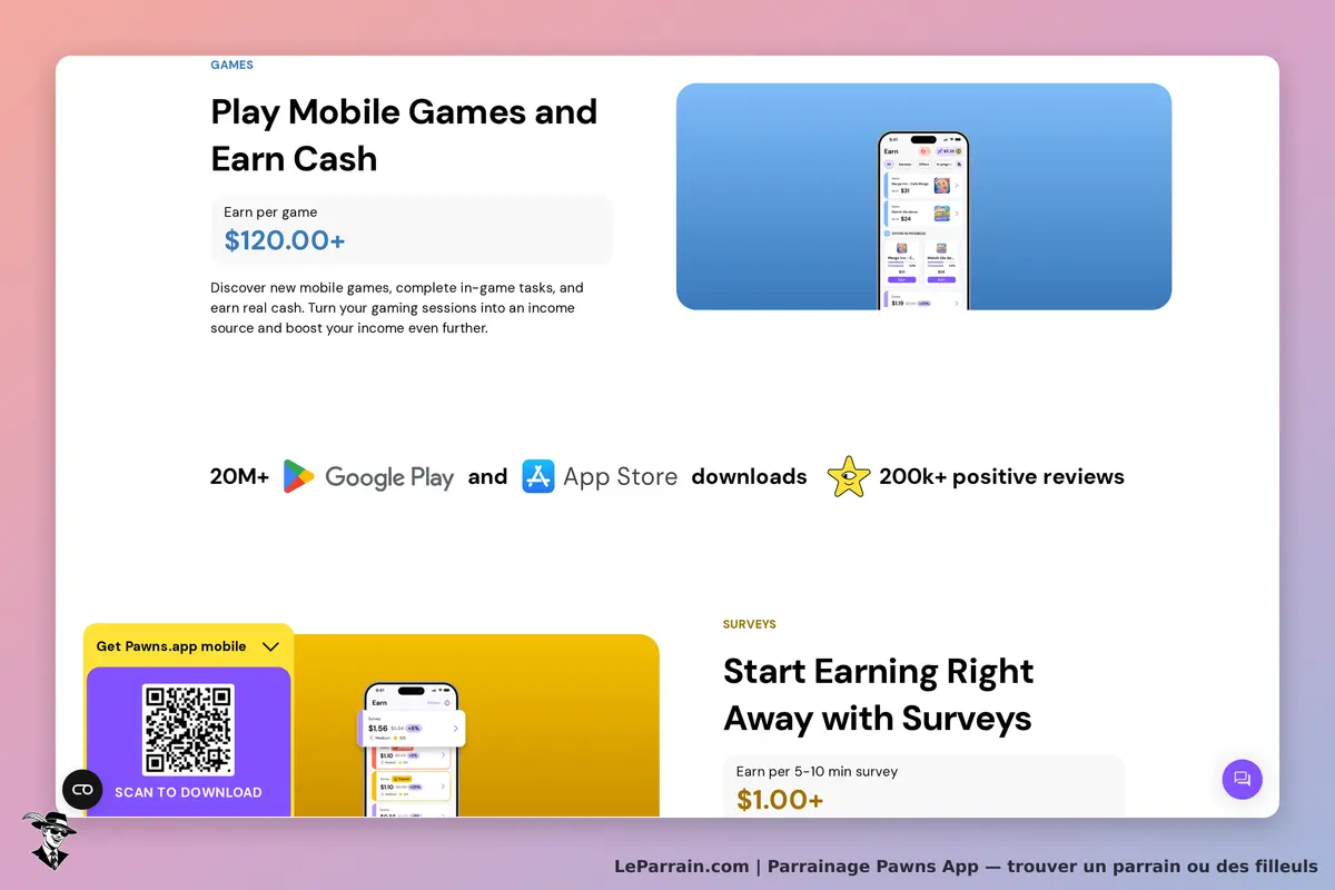 Pawns App : page d'accueil présentant des jeux mobiles et des enquêtes pour gagner de l'argent