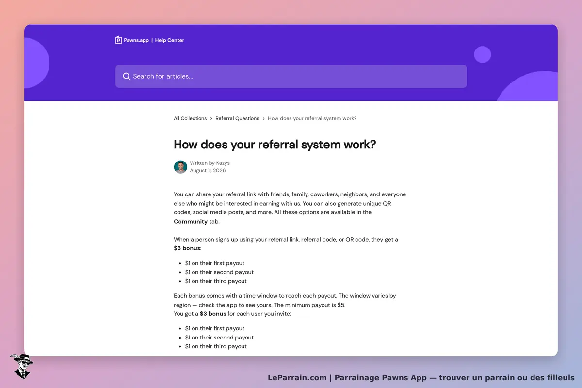 Pawns App : page d'aide sur le système de parrainage avec explications et informations