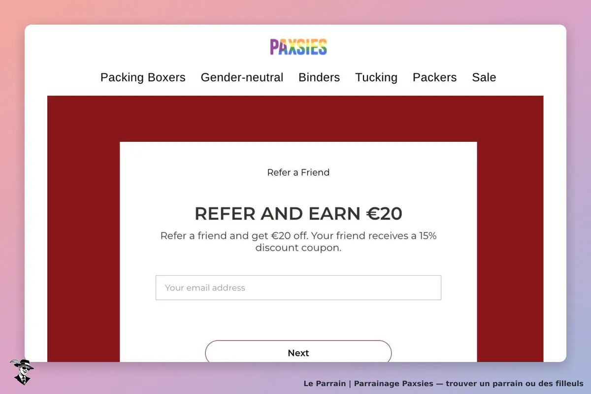 Programme Rewards officiel Paxsies : 20 € de remise pour le parrain et un coupon de 15 % pour son ami.