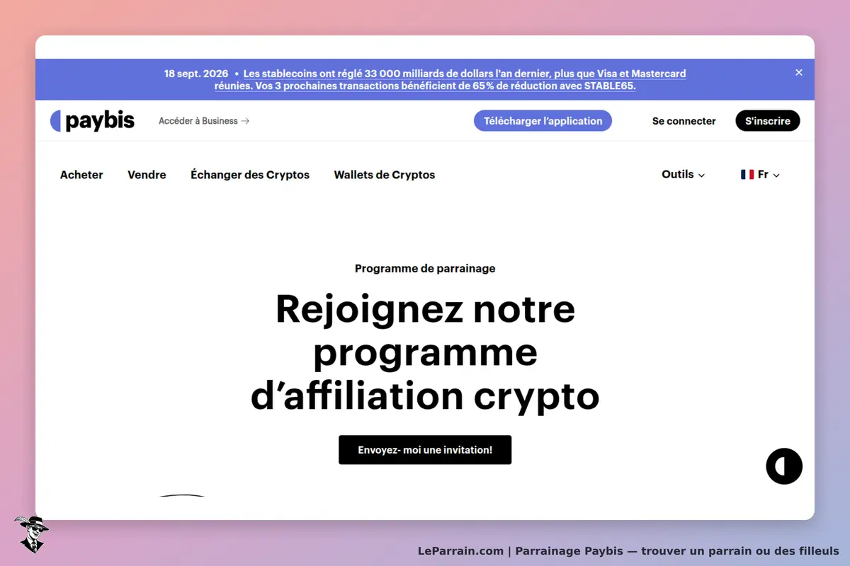 Paybis : page d'accueil avec programme de parrainage et invitation à rejoindre l'affiliation crypto