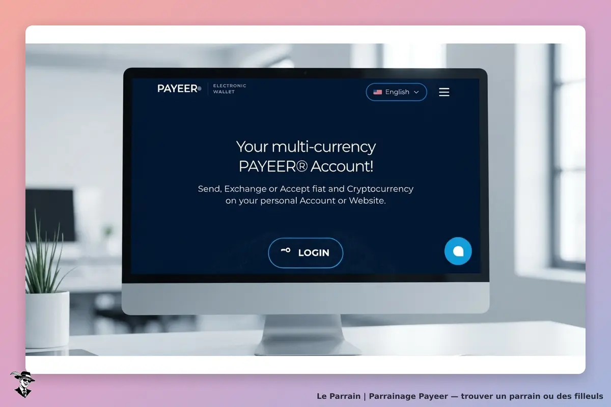 Payeer : page d'accueil présentant un compte multi-devises avec un bouton de connexion