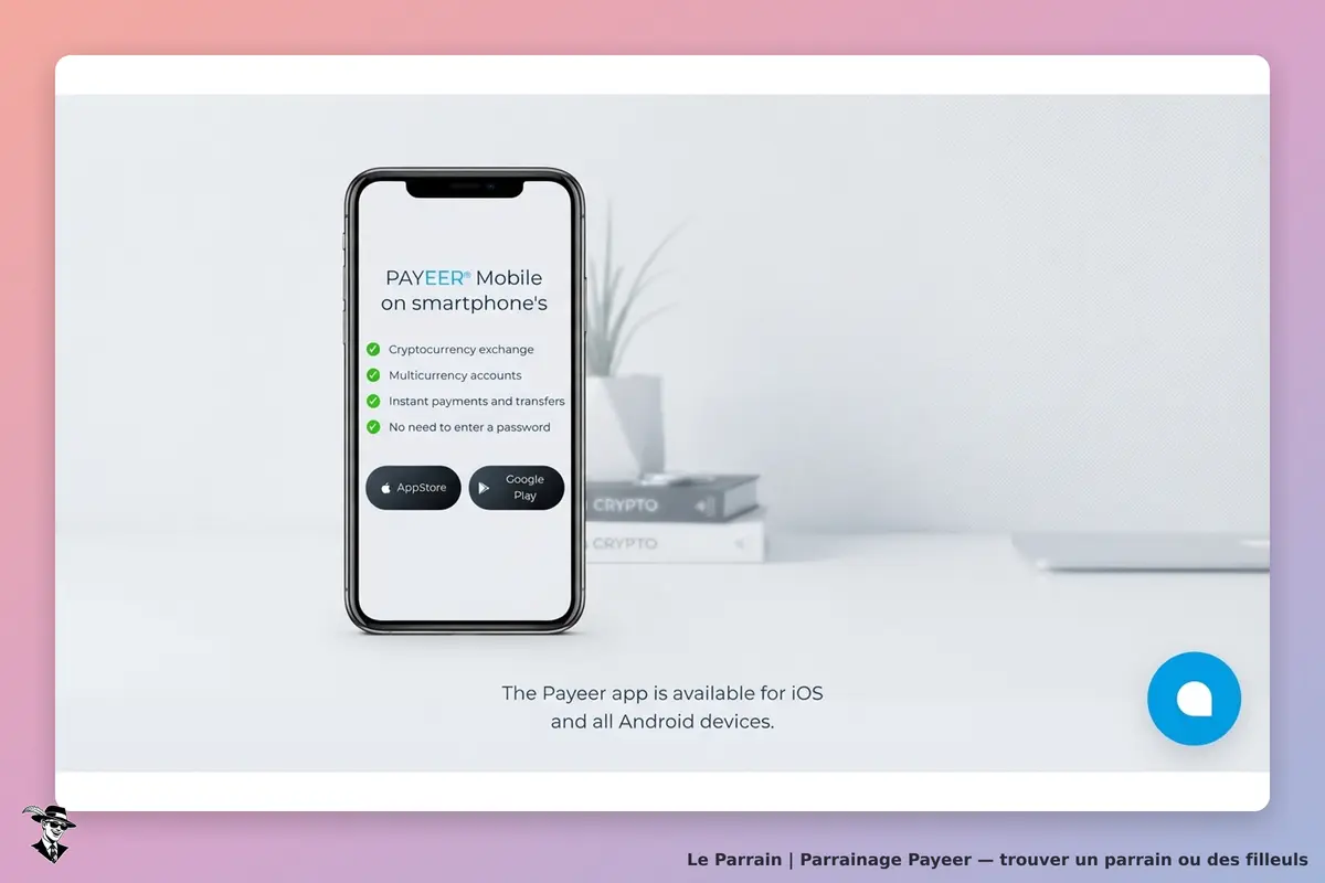 Payeer : application mobile affichant des fonctionnalités de gestion de cryptomonnaies