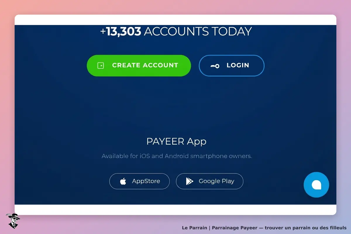 Payeer : page d'accueil avec boutons pour créer un compte et se connecter, et options d'application