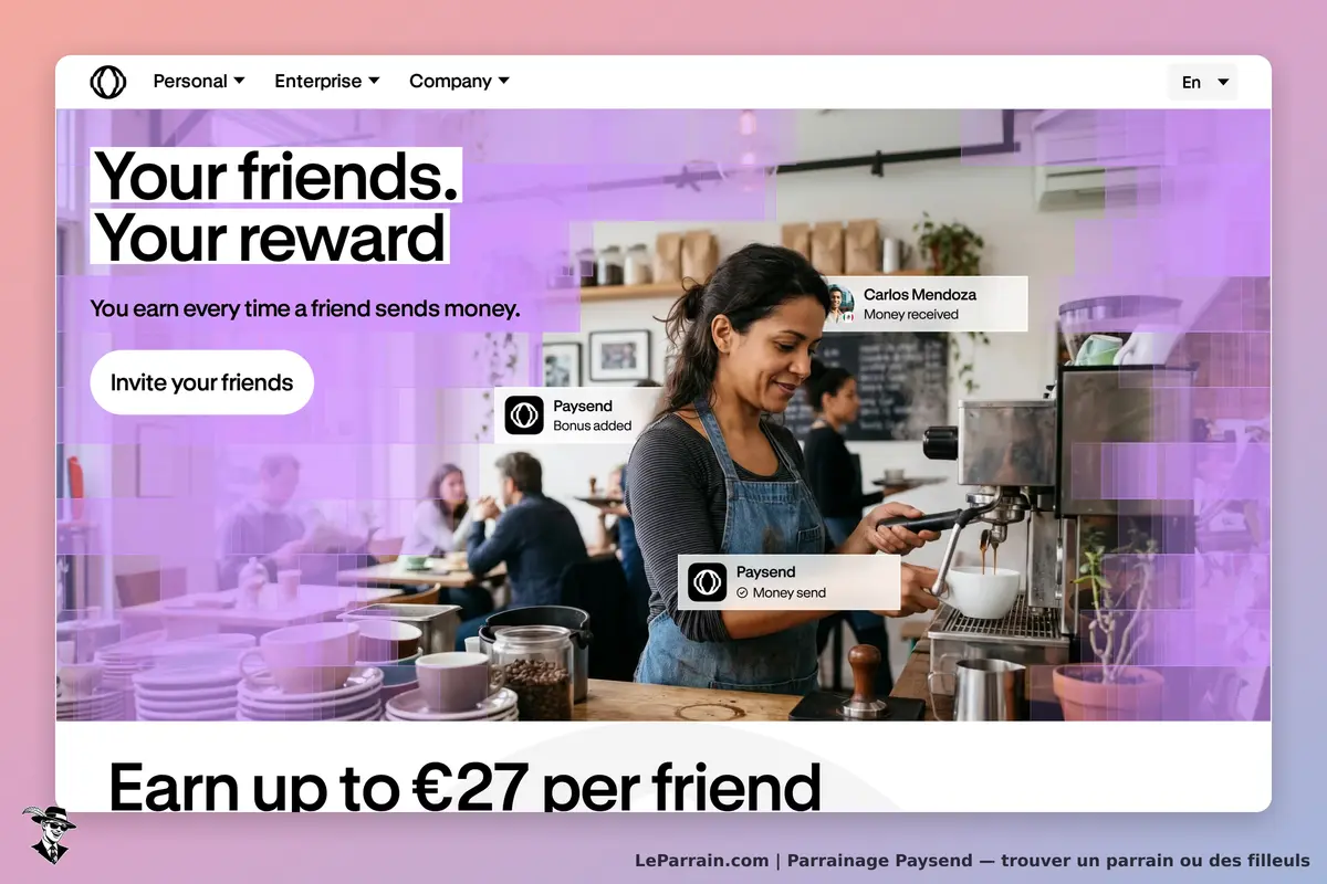 Paysend : page d'accueil avec une femme préparant du café et des notifications d'argent reçu