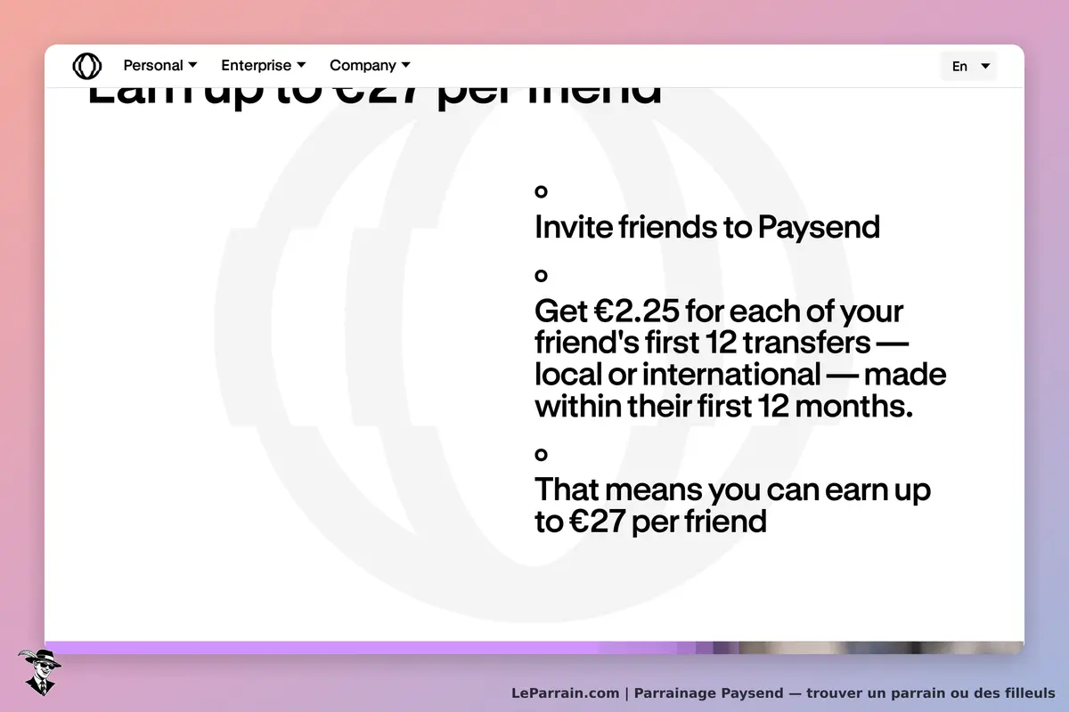 Paysend : texte sur les gains en parrainage et conditions d'invitation d'amis