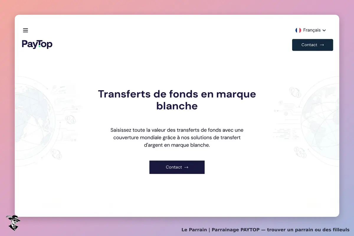 PayTop : page d'accueil présentant les transferts de fonds en marque blanche et un bouton contact