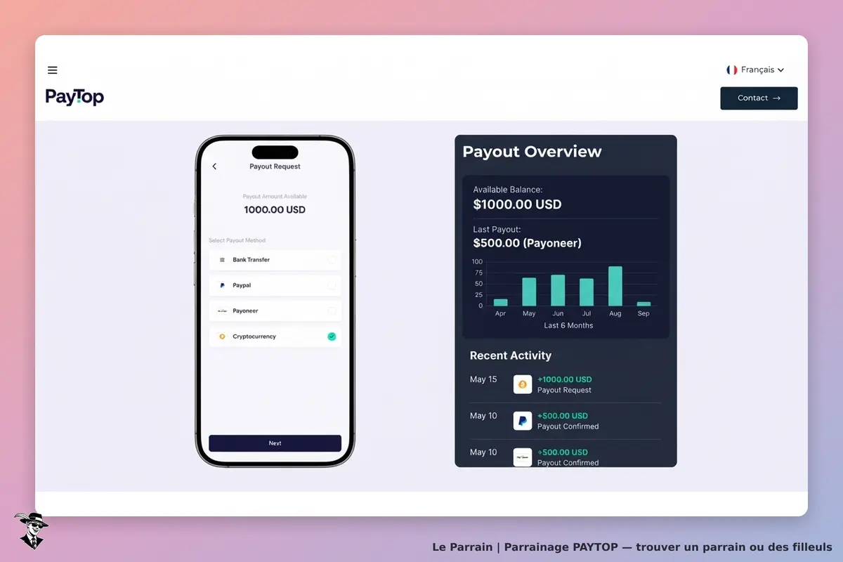 PayTop : aperçu des paiements avec un téléphone et un graphique d'activité récente
