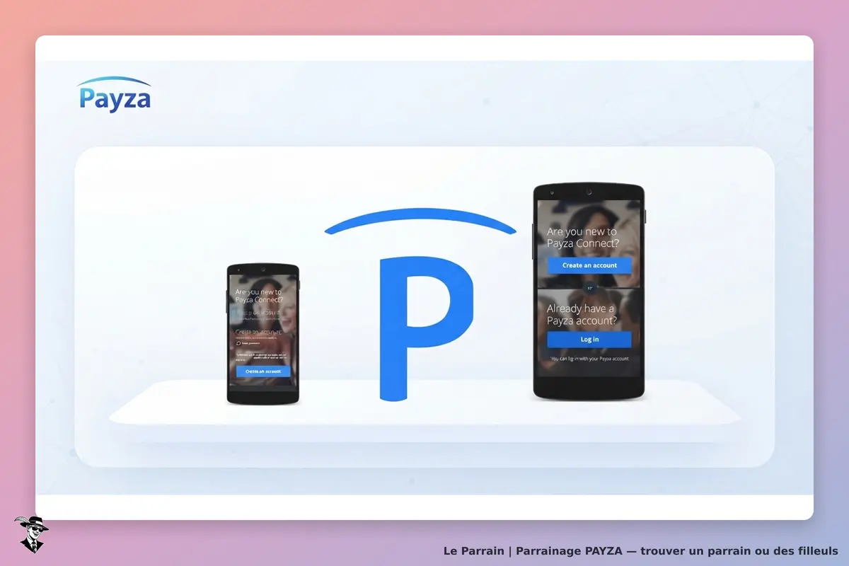 Payza : deux smartphones affichant des options pour créer ou se connecter à un compte