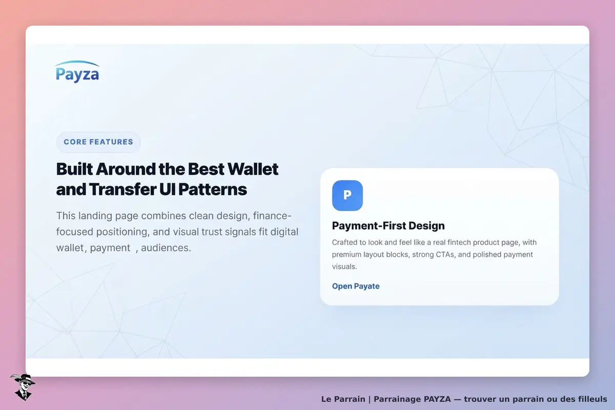 Payza : page d'accueil présentant les caractéristiques de l'interface utilisateur et le design