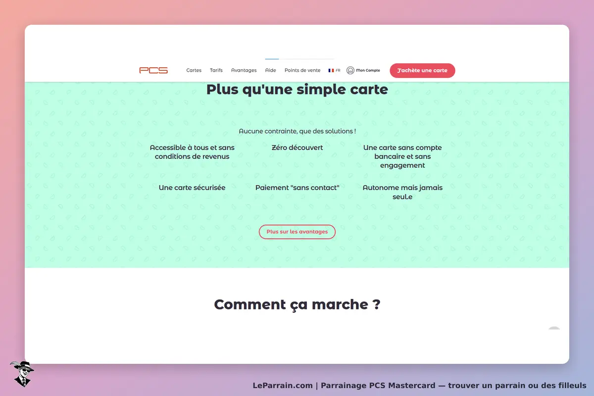 PCS : page d'accueil présentant les avantages de la carte PCS Mastercard