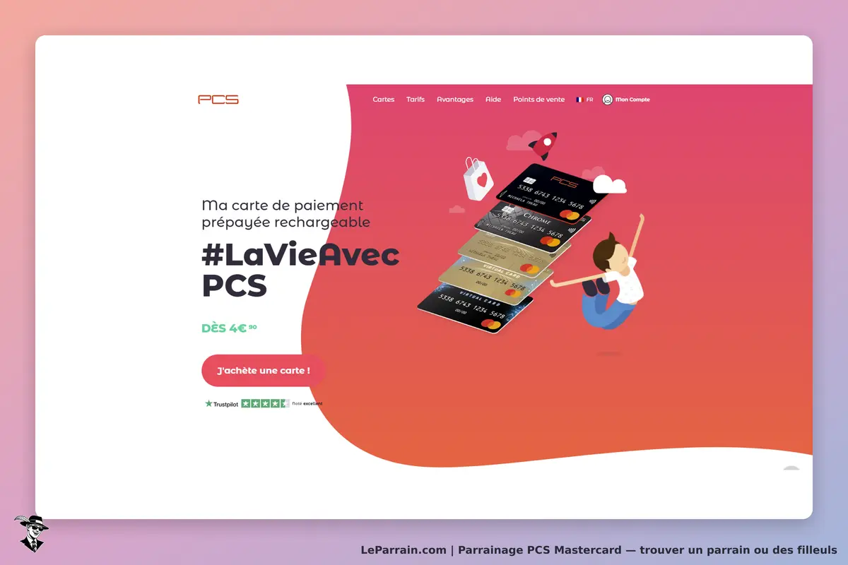 PCS Mastercard : pCS : page d'accueil présentant des cartes prépayées et un personnage sautant de
