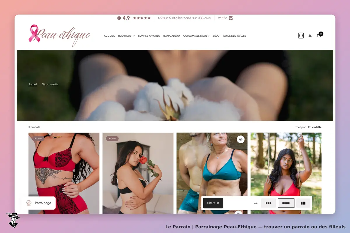 Peau-Ethique : peau Ethique : page d'accueil avec des produits de lingerie et un visuel de coton