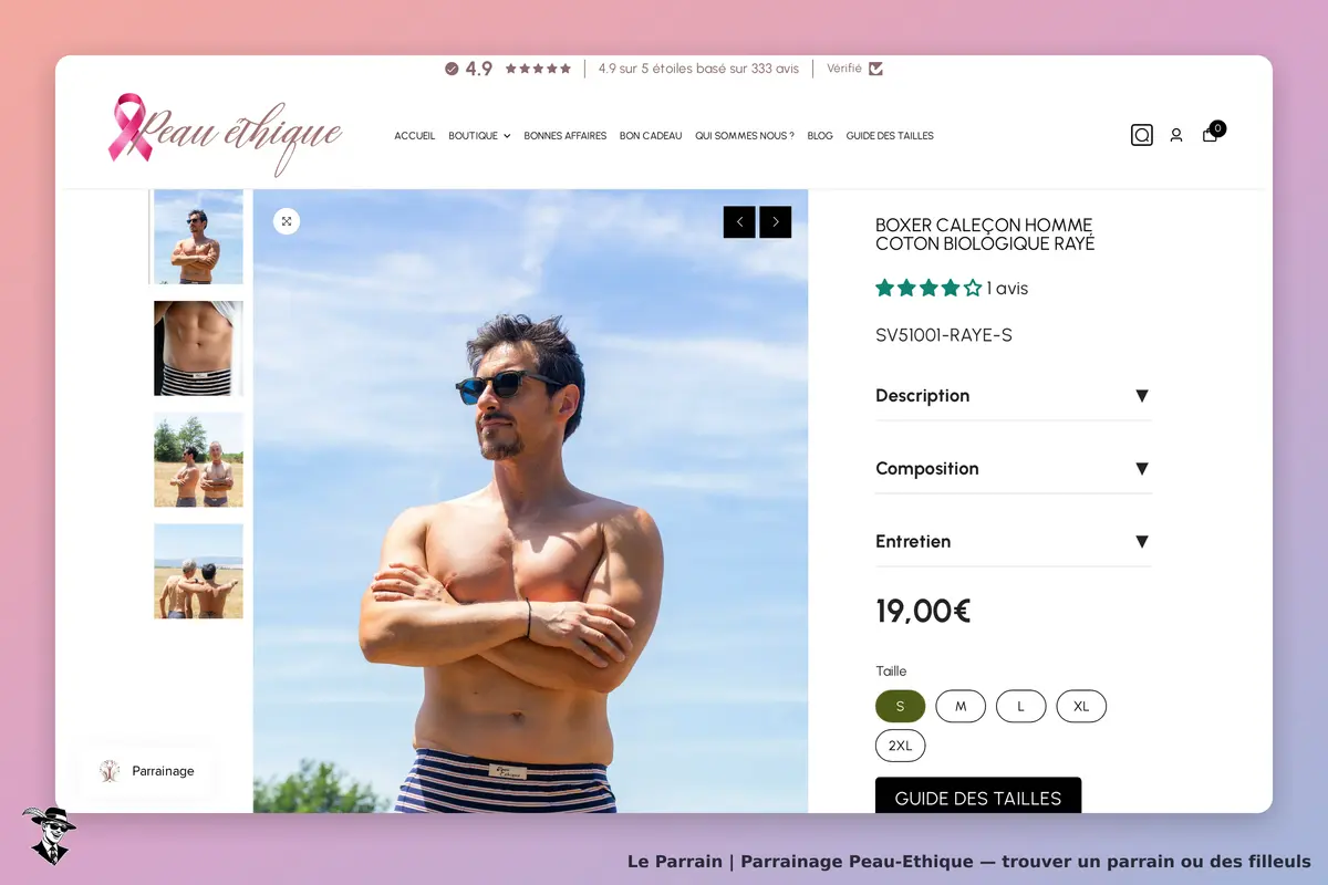 Peau-Ethique : peau Éthique : page produit d'un boxer pour homme avec image et options de taille
