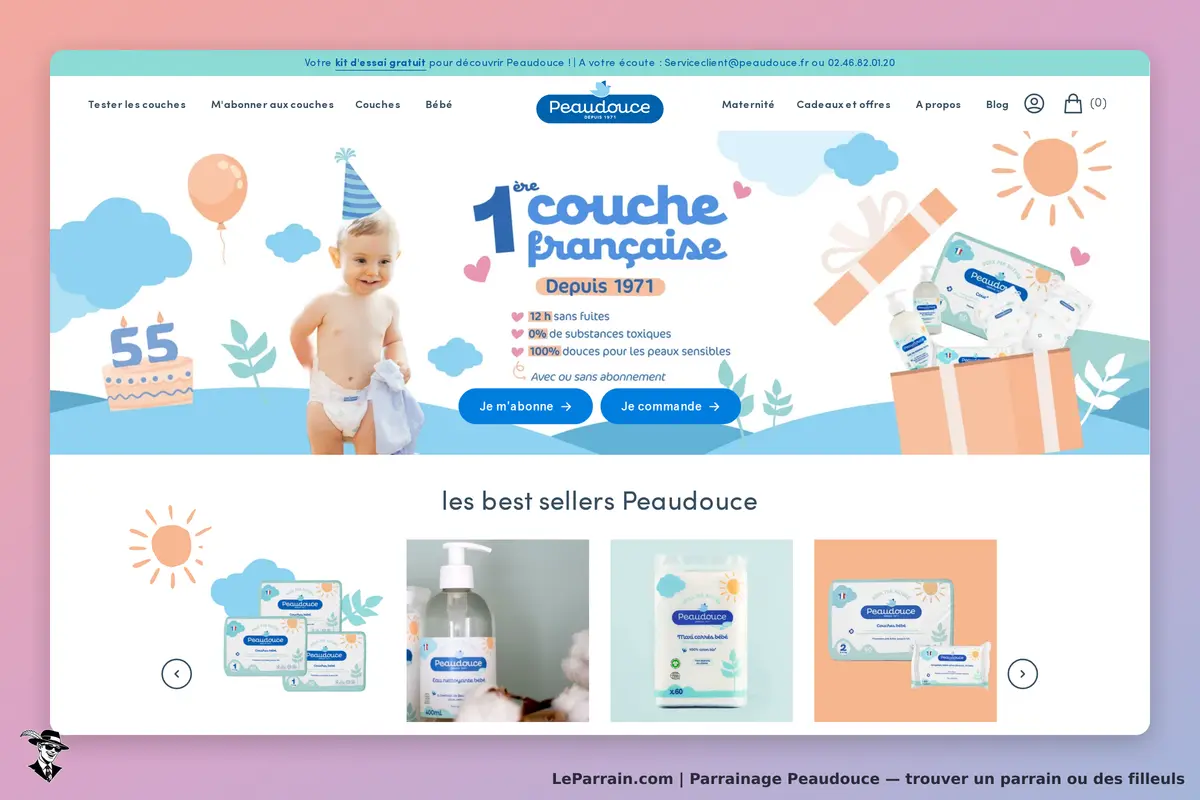 Peaudouce : page d'accueil avec un bébé, des couches et des produits de soin affichés
