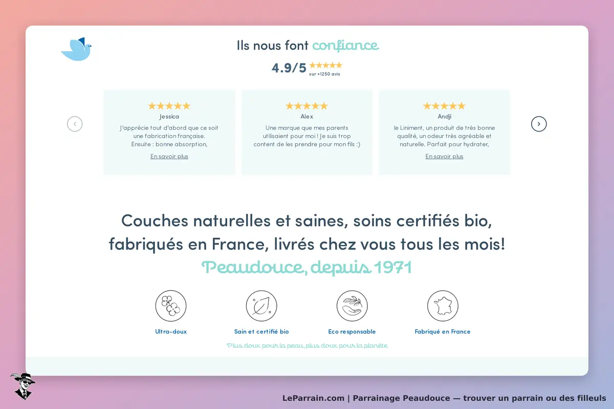 Peaudouce : avis clients, description de produits bio, et engagement éthique sur la page d'accueil