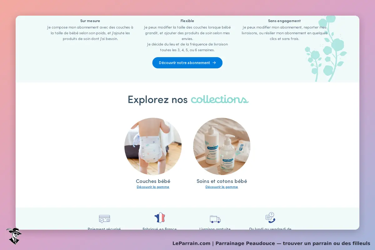 Peaudouce : page d'accueil avec des couches et des produits de soins pour bébés