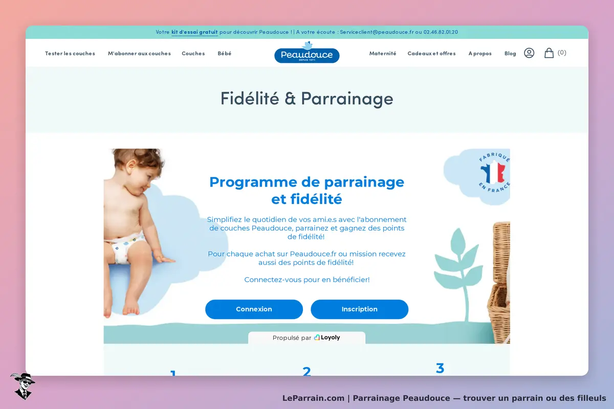 Peaudouce : page d'accueil sur le programme de parrainage avec un enfant et des éléments graphiques